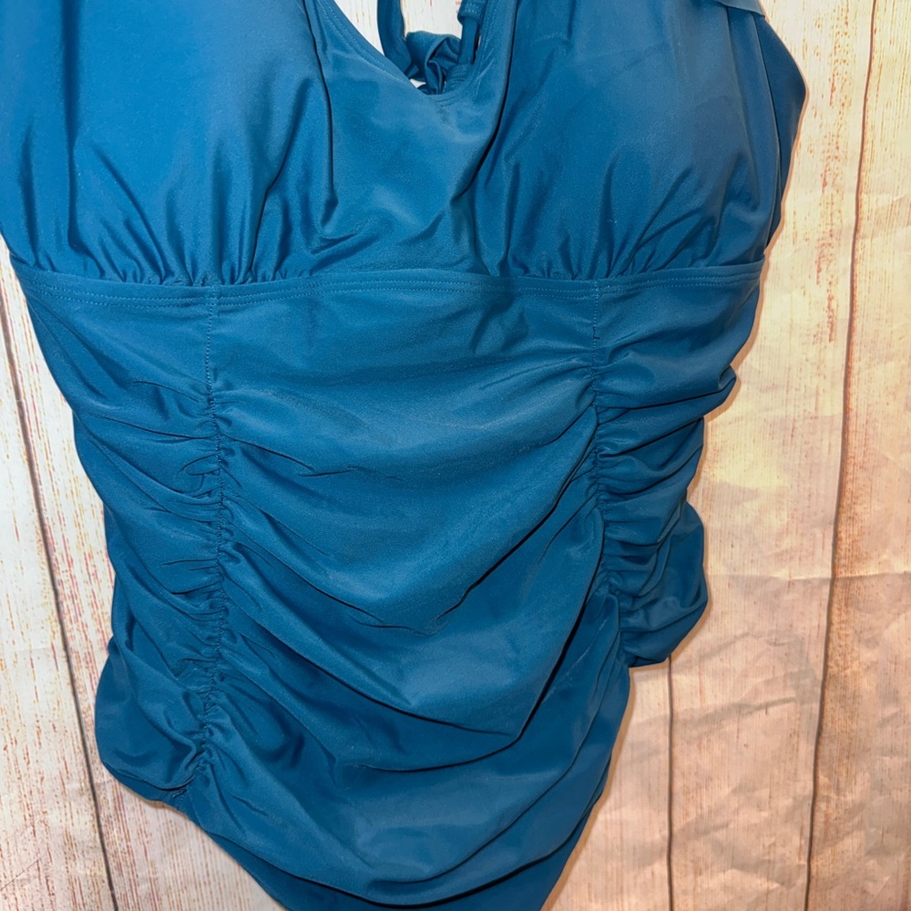 Teal Ruffle-Shoulder One-Piece Swimsuit with Crisscross Back  ruched sides 2XL - Picture 3 of 8